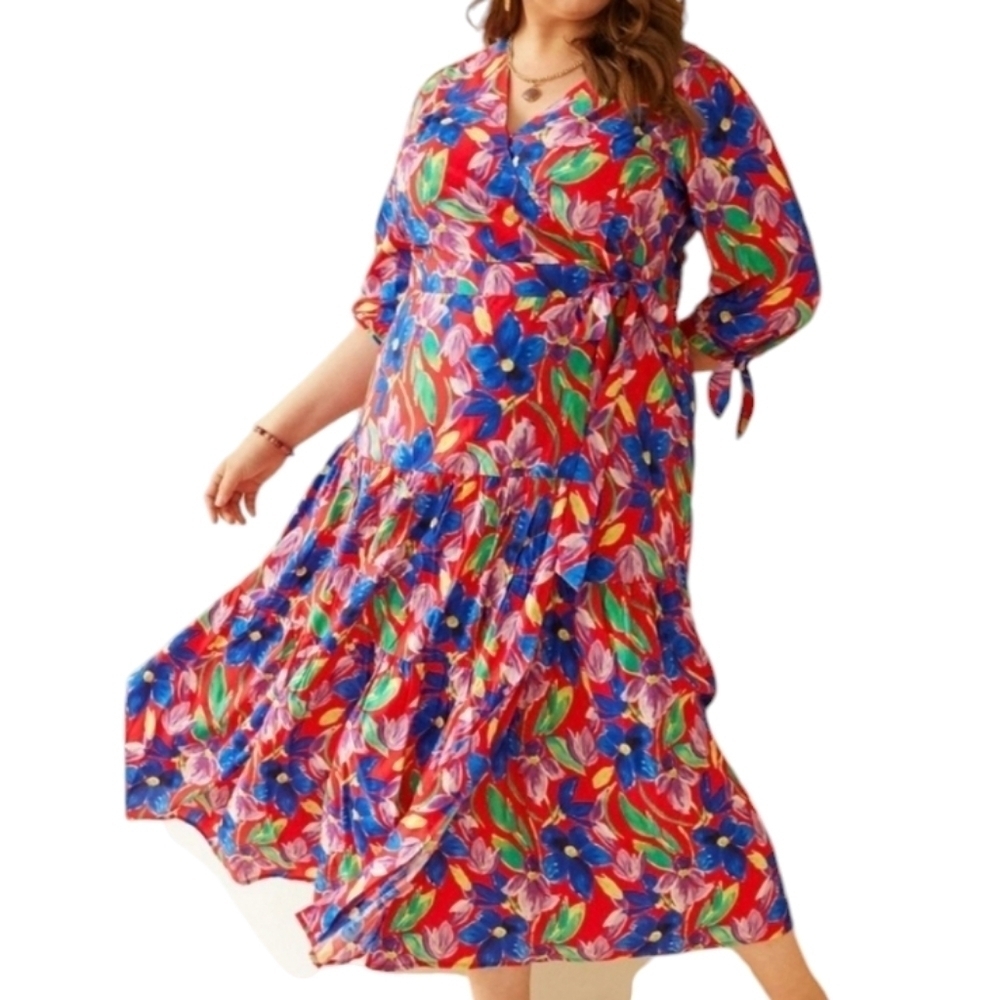 Skies Are Blue Floral Wrap Dress Size 2X Maxi Tiered Tie‎ Sleeve Colorful Party